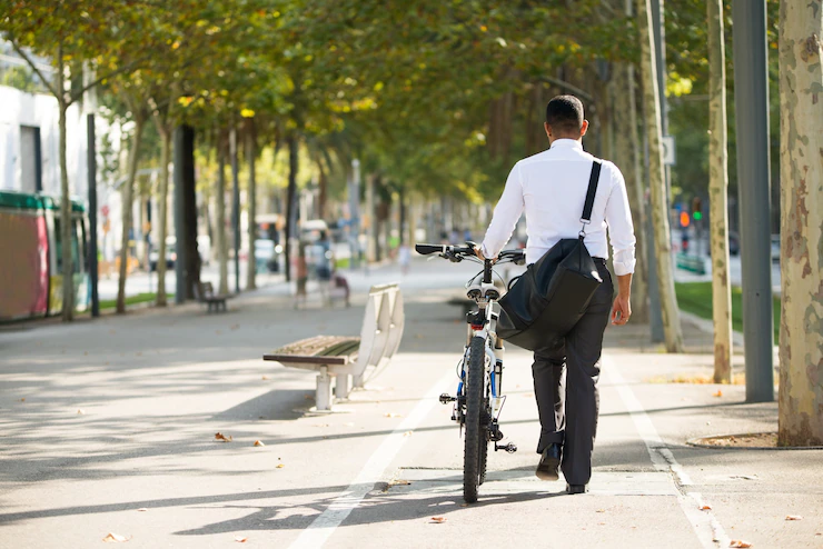 Back View Businessman Walking With Bike Park 1262 5970