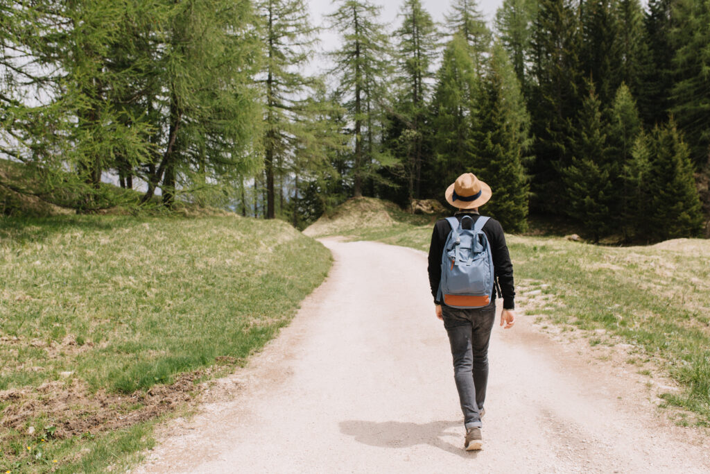 Full Length Portrait From Back Male Traveler Exploring Summer Forest Vacation