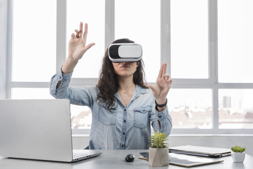 Girl With Hands Up Wearing Virtual Reality Goggles